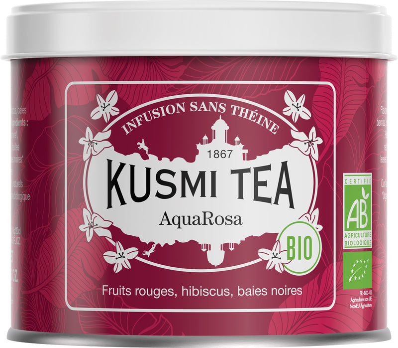 Bio Teemischung 'Aqua Rosa' aus Hibiskus, Apfel, Holunder und schwarzen Beeren in der 100 g Metalldose - Kusmi Tea / DE-ÖKO-006