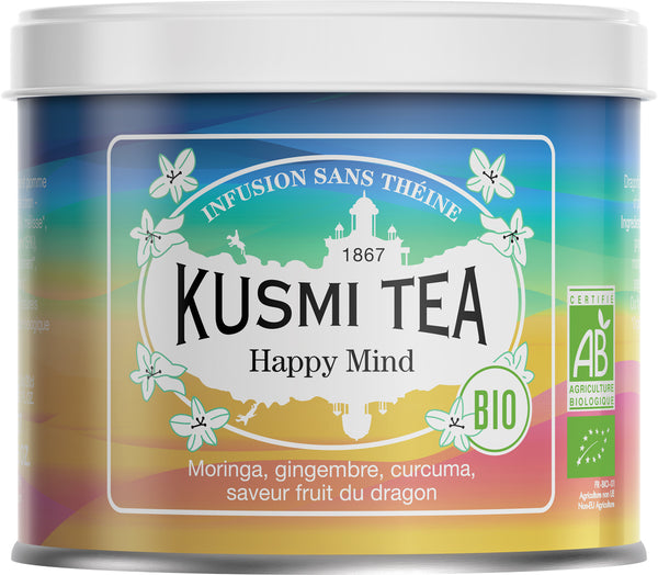 Teemischung 'Happy Mind' aus Pflanzen, Gewürzen, Apfel, Drachenfrucht und Zitrone in der 100 g Metalldose - Kusmi Tea