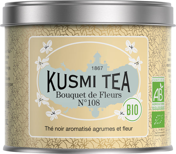 Bio Schwarzer Tee 'Bouquet de Fleurs N°108' mit Zitrusfrüchten und Ylang-Ylang in der 100 g Metalldose - Kusmi Tea / DE-ÖKO-006