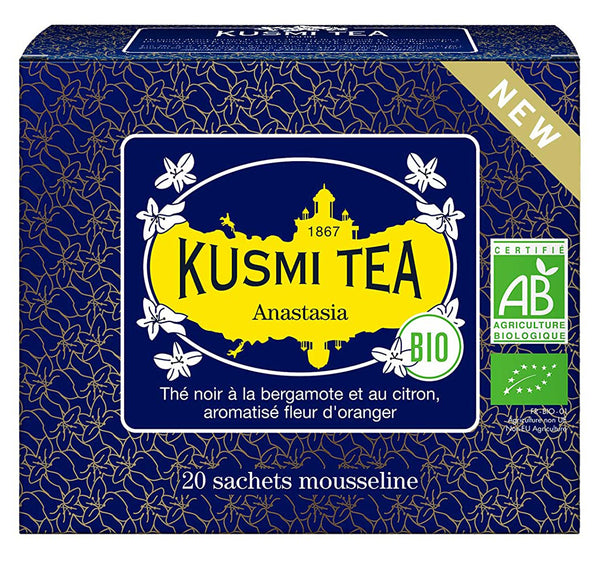 Schwarzer Tee 'Anastasia' mit Bergamotte, Zitrone und Orangenblüte in der 40 g Pappschachtel (einzelne Teebeutel) - Kusmi Tea