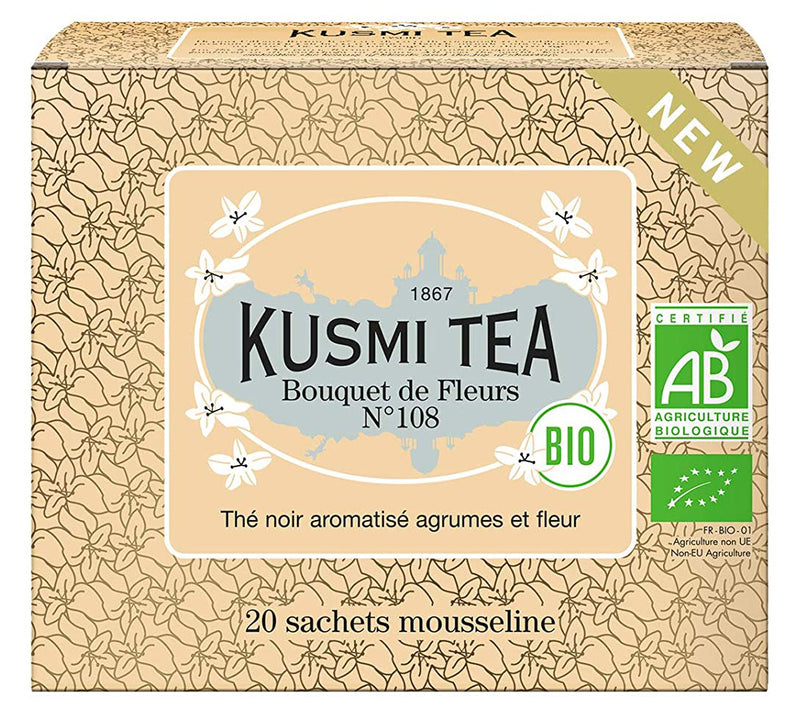 Bio Schwarzer Tee 'Bouquet de Fleurs N°108' mit Zitrusfrüchten und Ylang-Ylang in der 40 g Pappschachtel (einzelne Teebeutel) - Kusmi Tea / DE-ÖKO-006