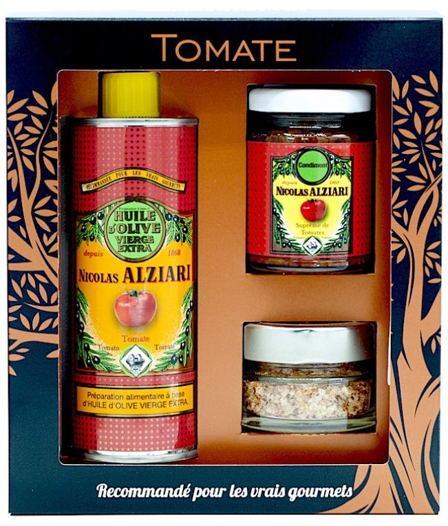 Geschenkbox 'Retour du Marché Tomate' mit Tomaten-Olivenöl, Tomaten-Paste & Tomaten-Salz