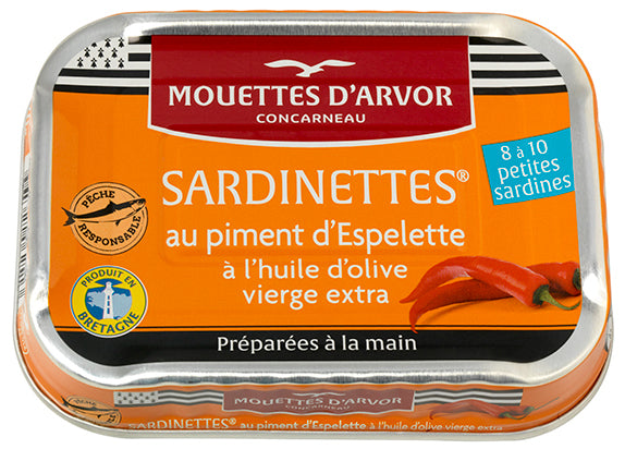 Sardinettes (kleine Sardinen) mit Piment d’Espelette 100 g Dosenkonserve - Les Mouettes d'Arvor