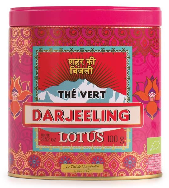 Grüner Bio Tee Darjeeling mit Lotusblütenaroma (Thé vert Darjeeling fleur de lotus) in dekorativer Metalldose 100 g - Terre d'Oc