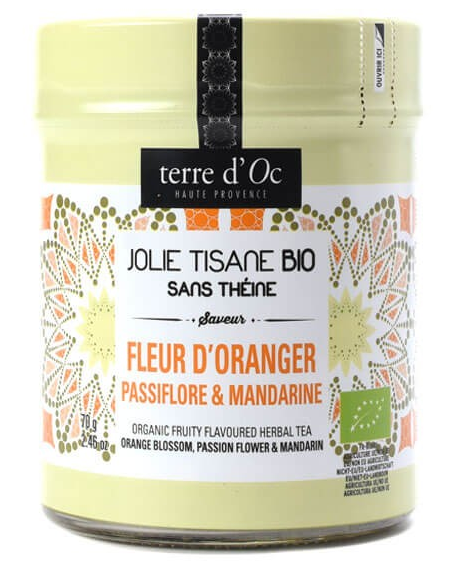 Bio Kräutertee mit Orangenblüte, Passionsblume und Mandarine in dekorativer Metalldose 90 g - Terre d'Oc / DE-ÖKO-006