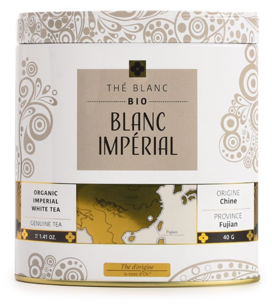 Bio Weißer Bai Mu Dan Tee (Blanc Imperial) in dekorativer Metalldose 40 g - Terre d'Oc / DE-ÖKO-006